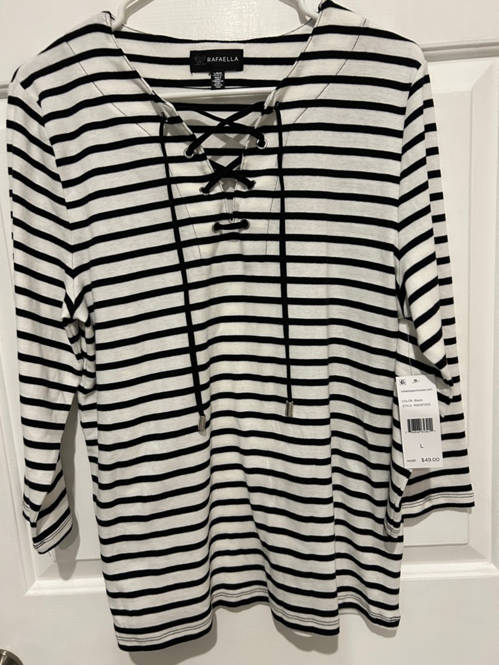 Rafaella Black and White Striped Lace-Up Long Sleeve Top Size L NWT